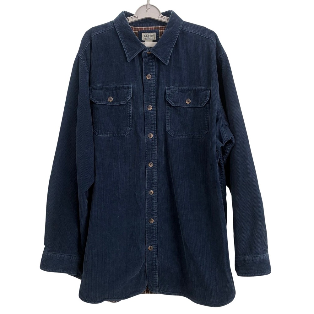 LL Bean Corduroy Shirt Jacket Large Navy Blue Flannel Lined Cotton Button Up XXL